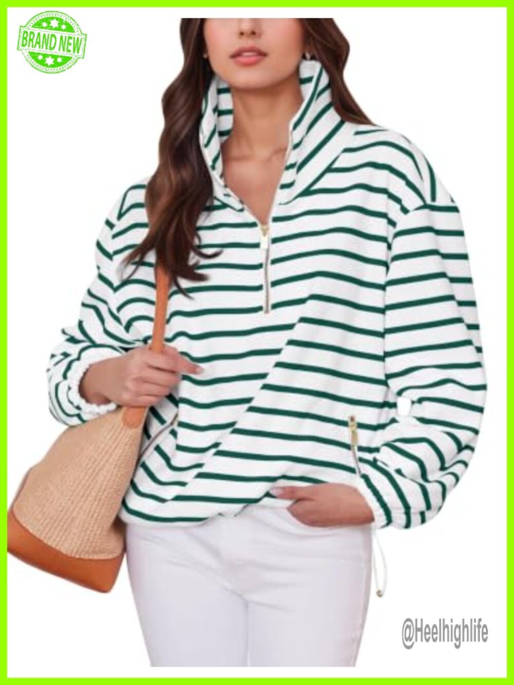 Oversized Striped Quarter Zip Pullover Sweatshirt Side Pockets